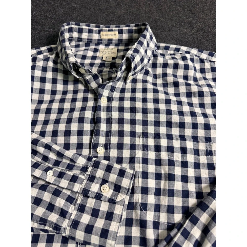 J. Crew Mens XL Slim Untucked Secret Wash Gingham Shirt Navy Blue White Organic
